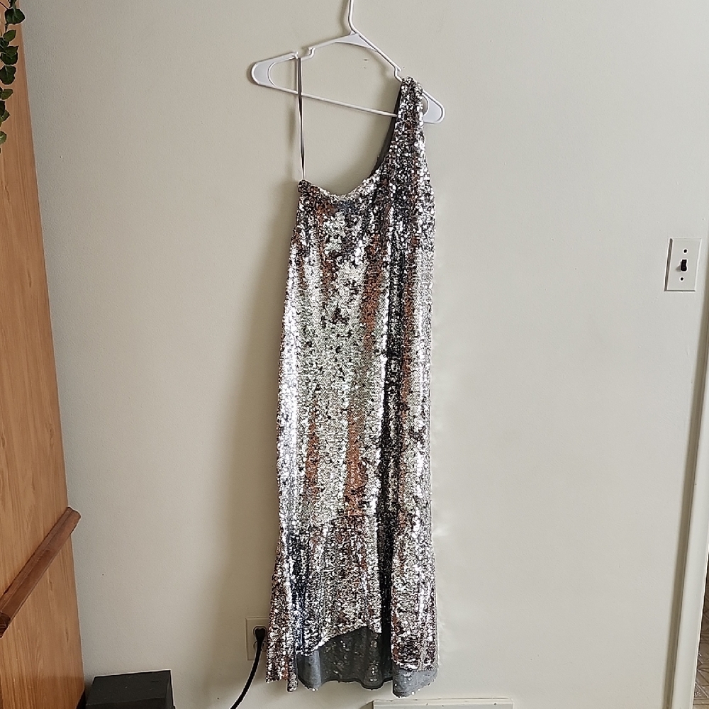 Anthropologie Maeve One Shoulder Silver Sequin Maxi Dress Womens XSmall